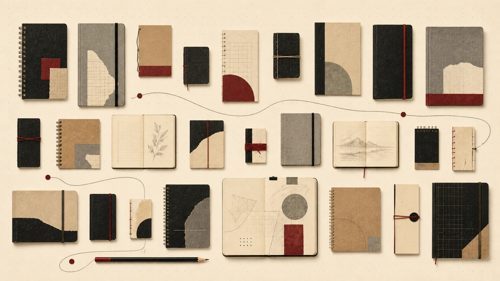 Editorial collage of many notebook formats collected across the years