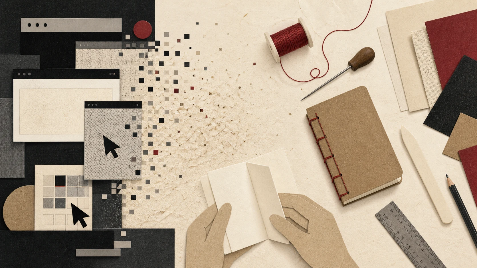 Editorial collage transforming browser windows into paper, thread, tools, and a finished notebook
