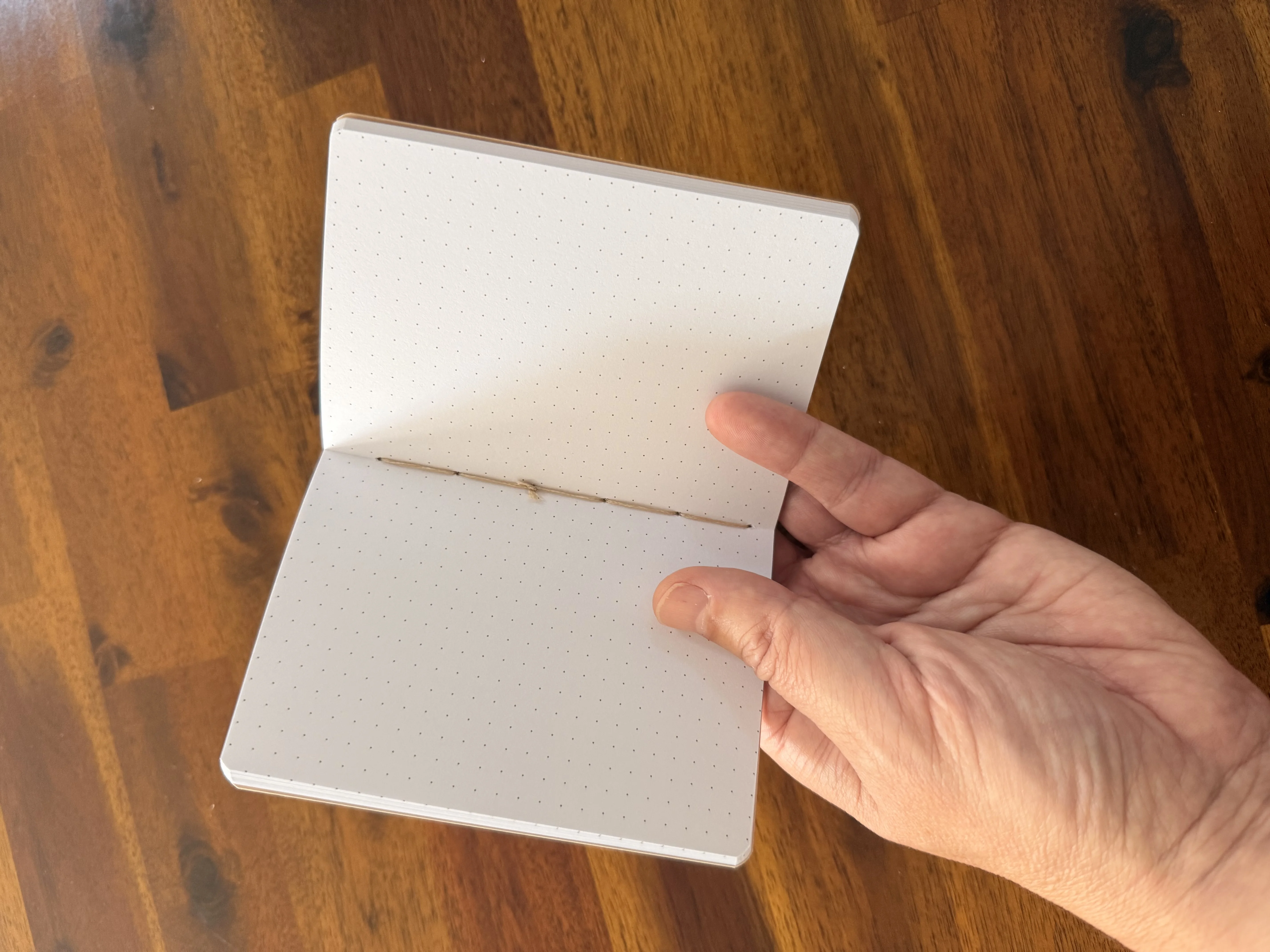 Passport notebook opened to its five millimetre dot-grid pages