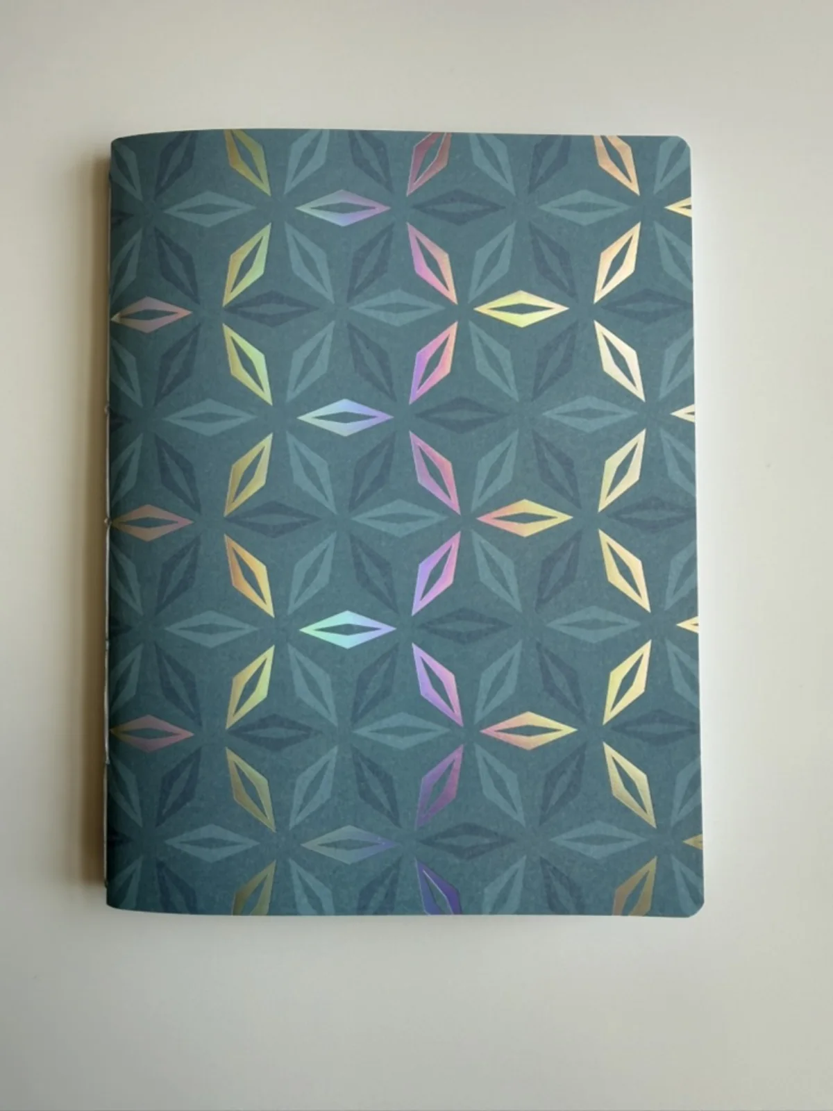 Full view of the teal patterned notebook cover