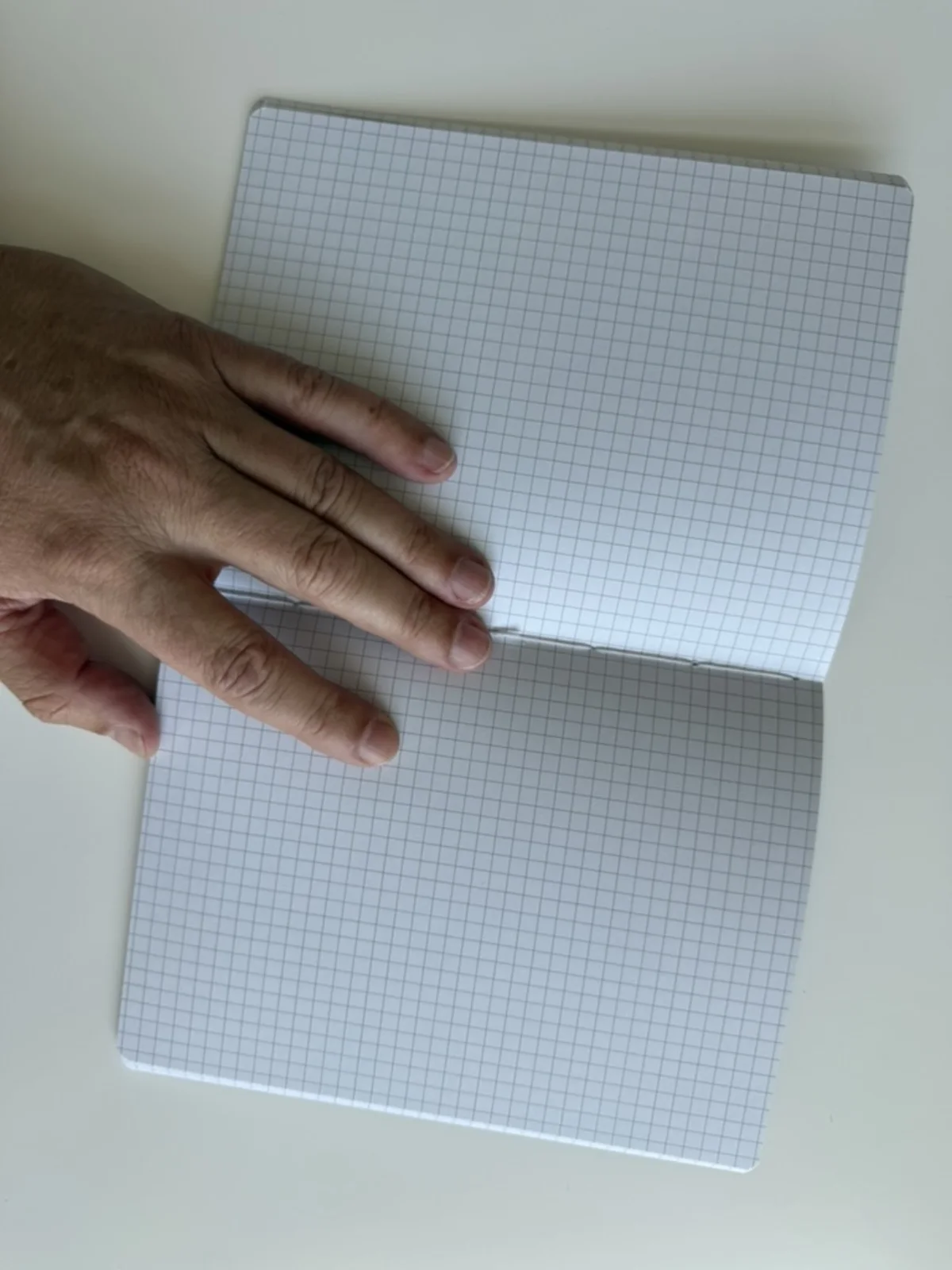 Notebook opened to its square-grid pages and stitched centre