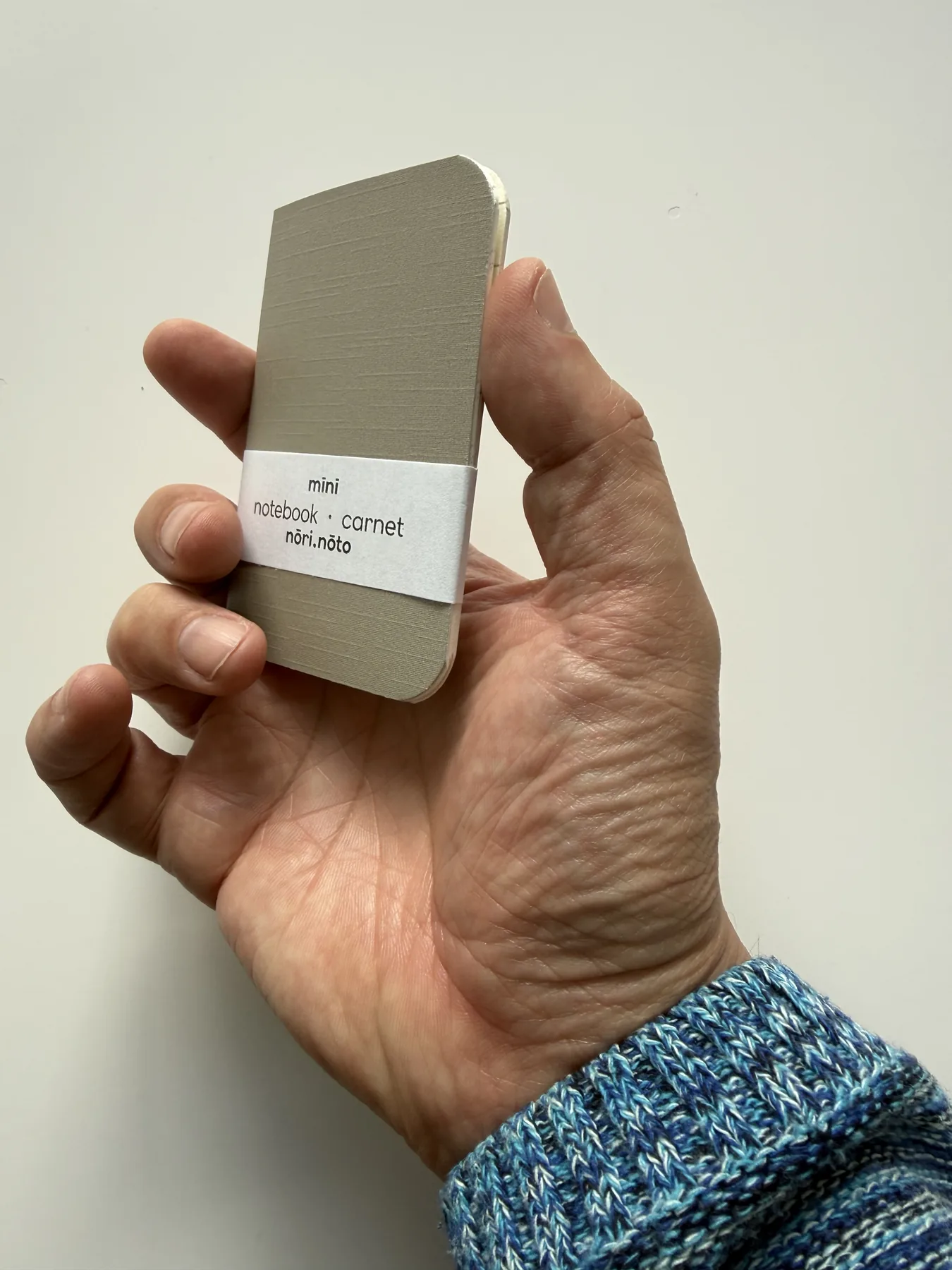 Mīnī notebook held in one hand to show its pocket size