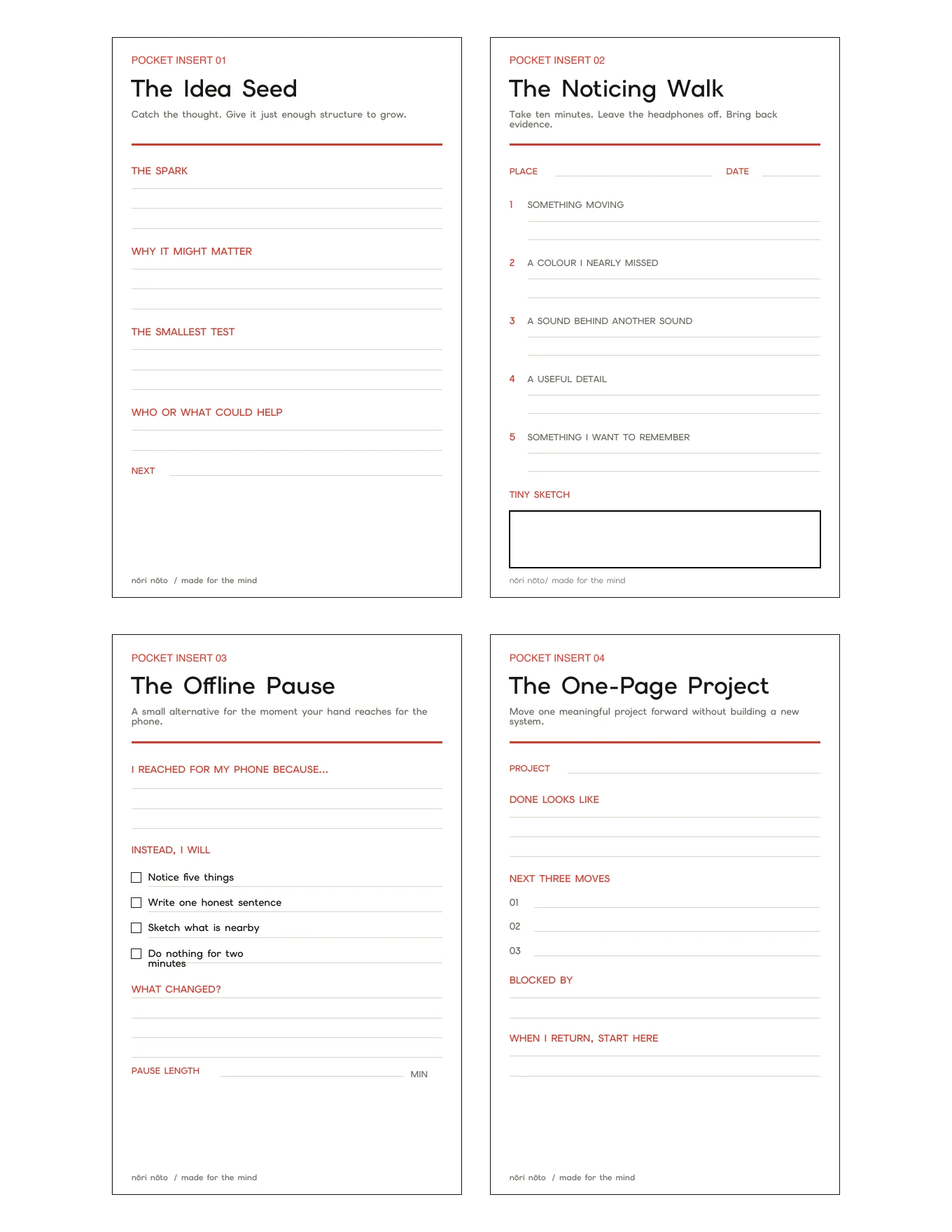 US Letter sheet showing The Idea Seed, The Noticing Walk, The Offline Pause, and The One-Page Project pocket inserts