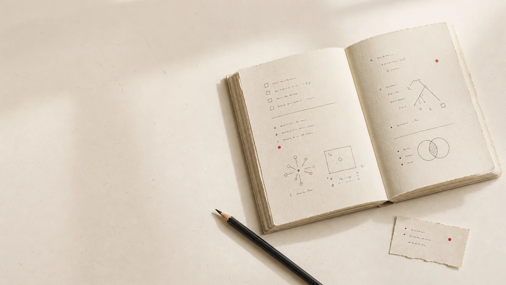 Open handmade notebook with lists, checkboxes, and idea sketches